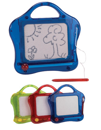 Magnetic Sketcher drawing pad in translucent blue with pen, perfect for on-the-go creative fun for kids ages 3 and up.