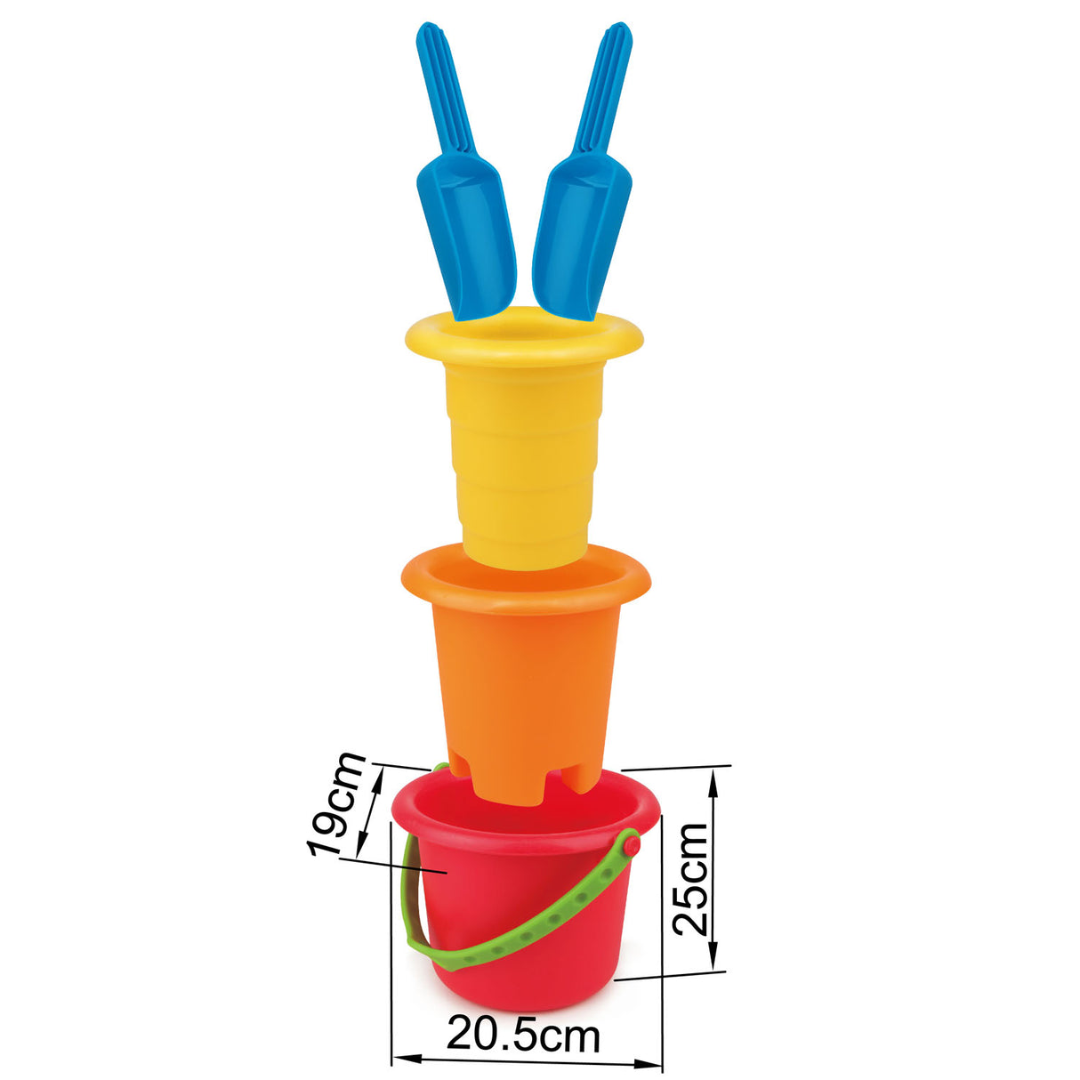Beach Set with colorful stacking buckets and blue shovels designed for easy beach play and storage.