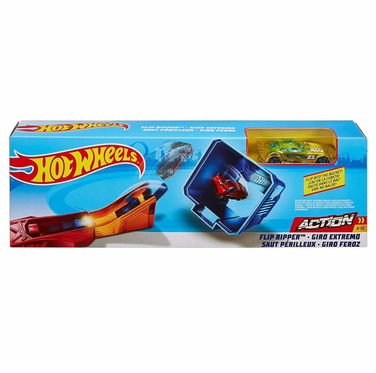 Hot Wheels Classic Stunts Flip Ripper playset with orange track, launcher, and included Hot Wheels car in packaging.