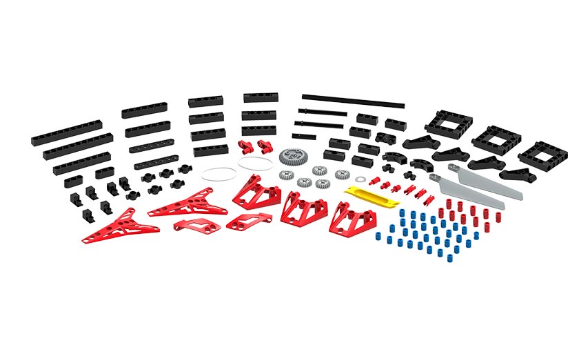 Geared Up Gadgets building kit parts laid out for assembling five educational gear and transmission models for ages 6 and up.