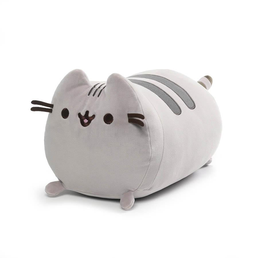 Pusheen Squisheen Log plush with soft gray fabric, smiling face, and elastic squishy design perfect for cuddling.