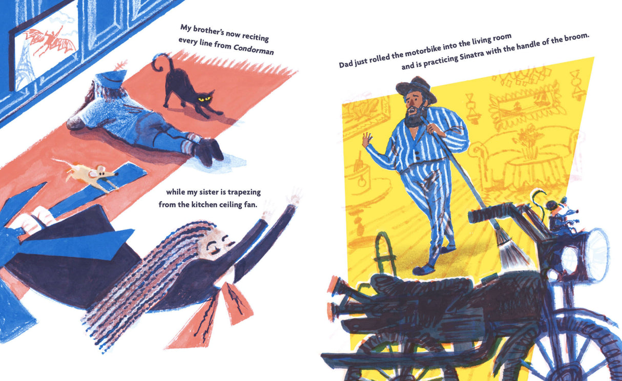 Illustration from Everyone's Awake showing a lively bedtime scene with family and pets in playful chaos.