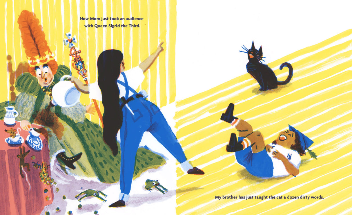 Illustration from Everyone's Awake showing a girl pointing at a woman in costume, a cat, and a boy lying on striped floor.