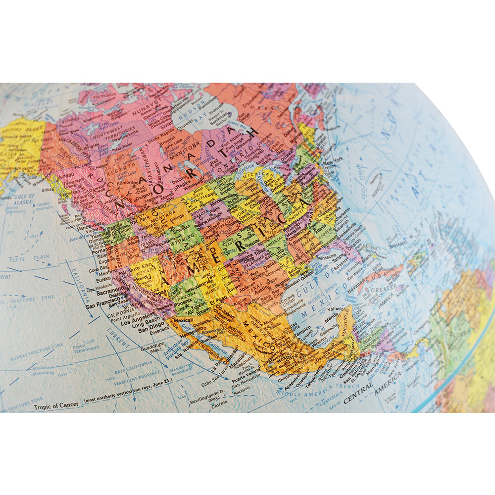 Explorer Globe showing detailed raised relief map of North America with political boundaries and place names.