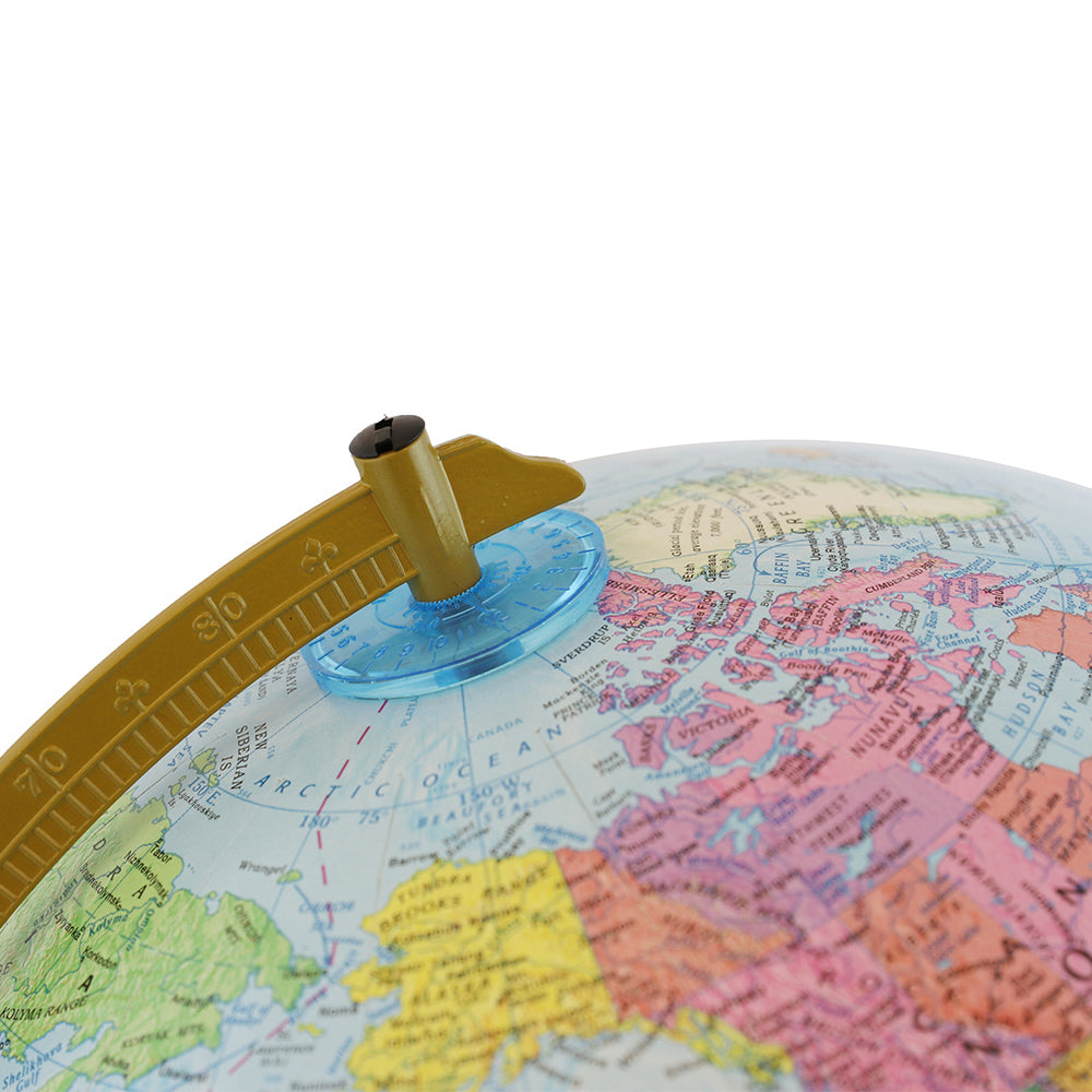 Explorer Globe showing detailed raised relief map with gold semi meridian and blue ocean design on sturdy base