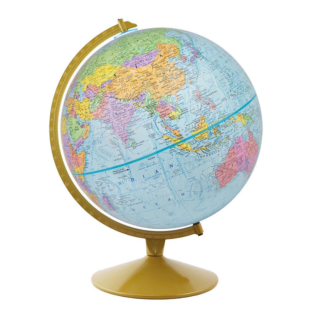 Explorer Globe with raised relief, detailed blue ocean map, gold base, and political boundaries for desktop display.