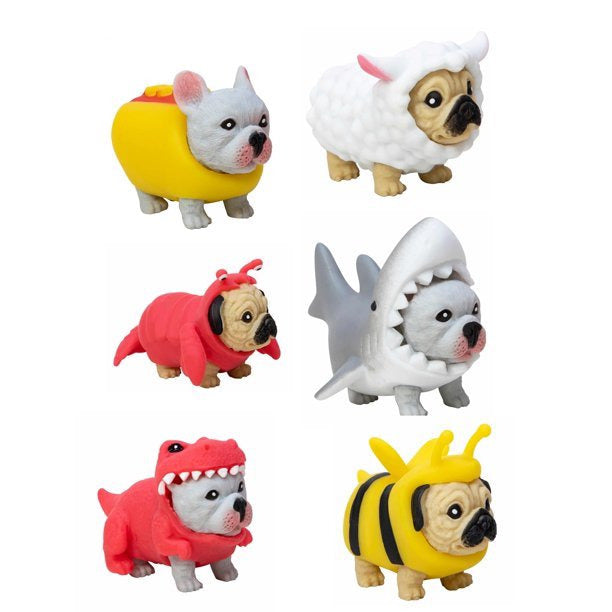 Party Puppy squishy toys featuring pugs in fun costumes like bee, shark, dinosaur, and sheep, perfect for collectors.