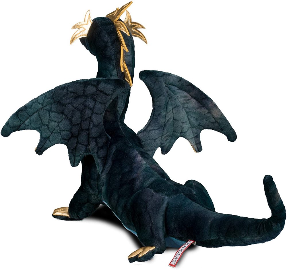 Dragon Aragon plush toy with navy textured scales, gold accents, and wings in an alert, upright pose.