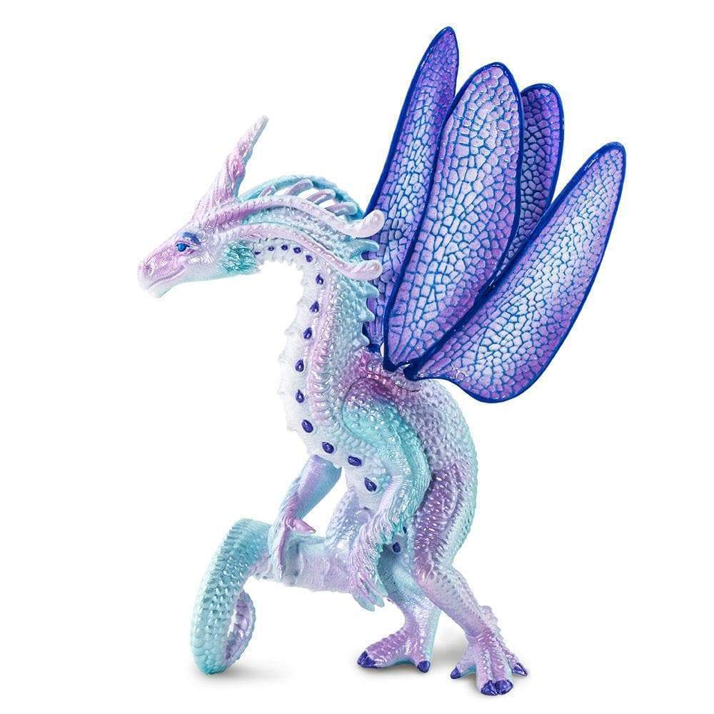 Fairy Dragon figurine with pastel blue and purple scales, dragonfly wings, and a unicorn-like spiraled horn.