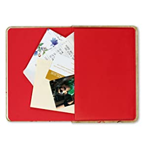 Open Hedgehogs Journal showing inside back cover pocket with notes and red interior endsheets.