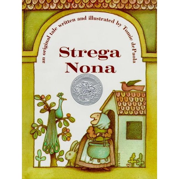 Strega Nona book cover showing Grandma Witch with her magic pasta pot in a charming illustrated village scene.