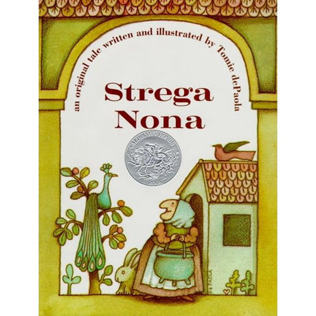 Strega Nona book cover showing Grandma Witch with her magic pasta pot in a charming illustrated village scene.