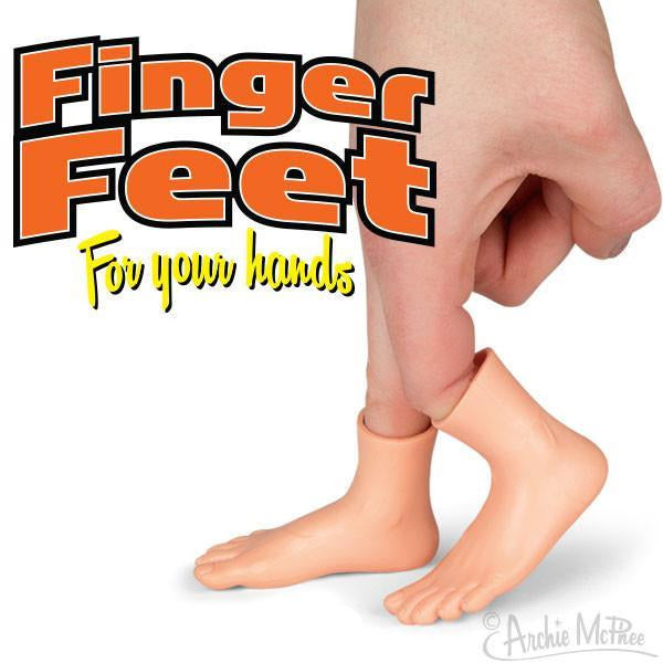 Finger Foot product showing soft vinyl tiny foot worn on finger to turn it into a cute leg for fun hand play.