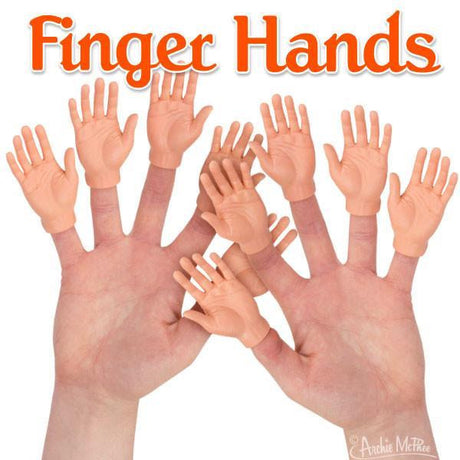 Finger Hand miniature vinyl hands worn on fingers for playful fun and sarcastic applause, assorted skin tones available.