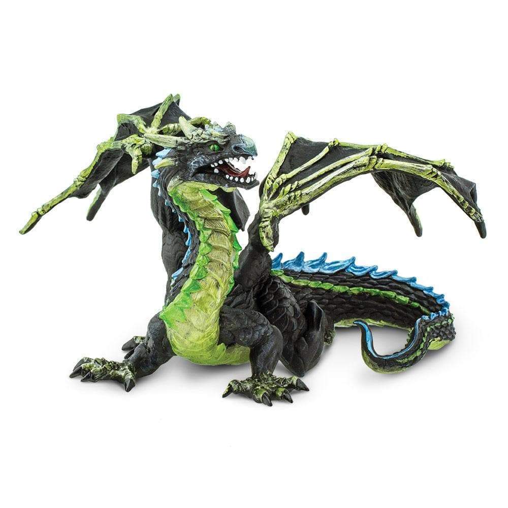 Fog Dragon figure with black bony wings, green and blue accents, 8.5 inches long, detailed fantasy creature toy.