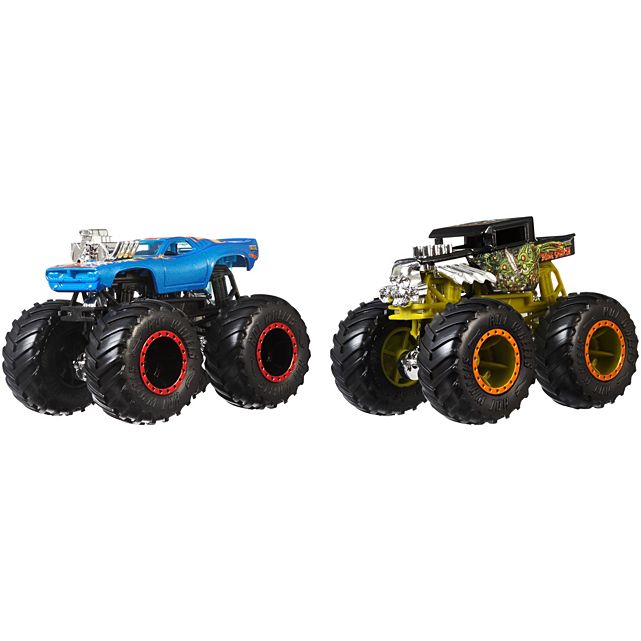 Hot Wheels Monster Truck 2pk featuring two 1:64 scale monster trucks with giant wheels and detailed designs.