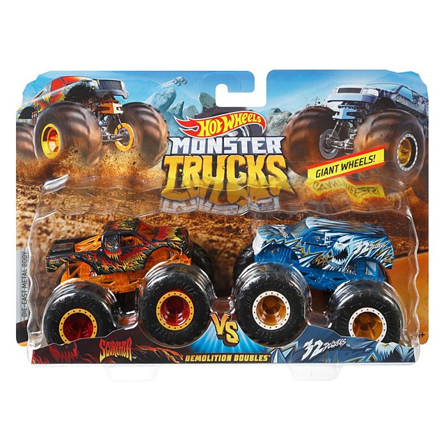 Hot Wheels Monster Truck 2pk featuring two 1:64 scale demolition doubles with giant wheels for epic crash battles.