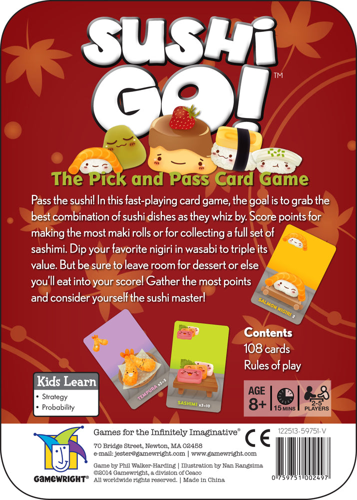 Sushi Go! card game packaging with sushi illustrations and description of the pick and pass card game.