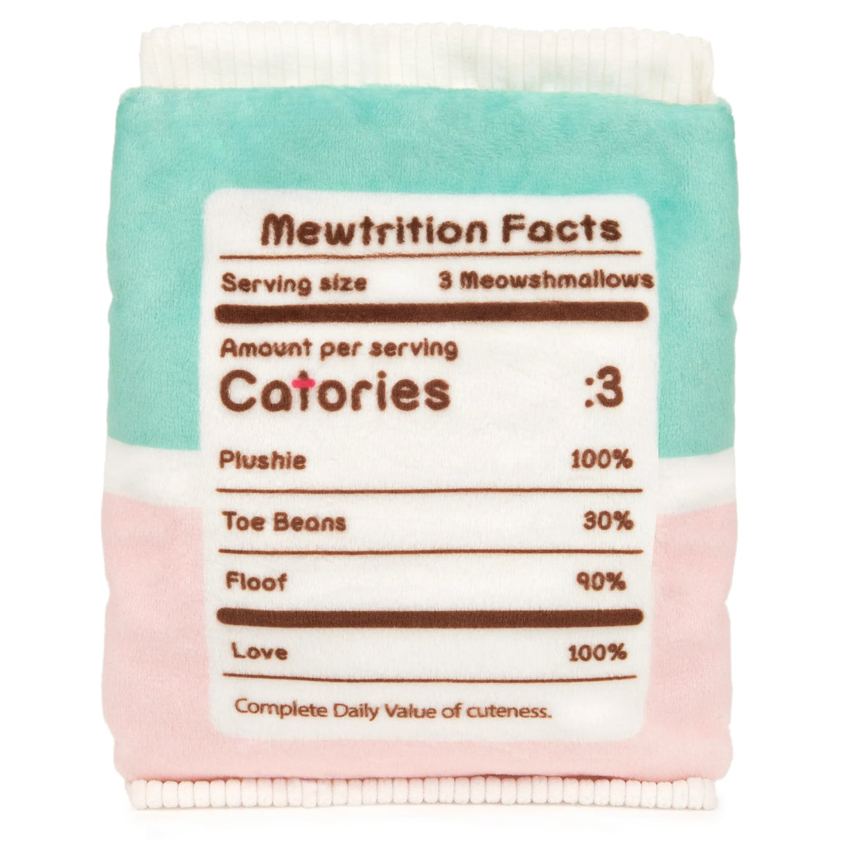 Pusheen Meowshmallows plush bag with pastel colors and cute Mewtrition Facts nutrition label detail on the back.