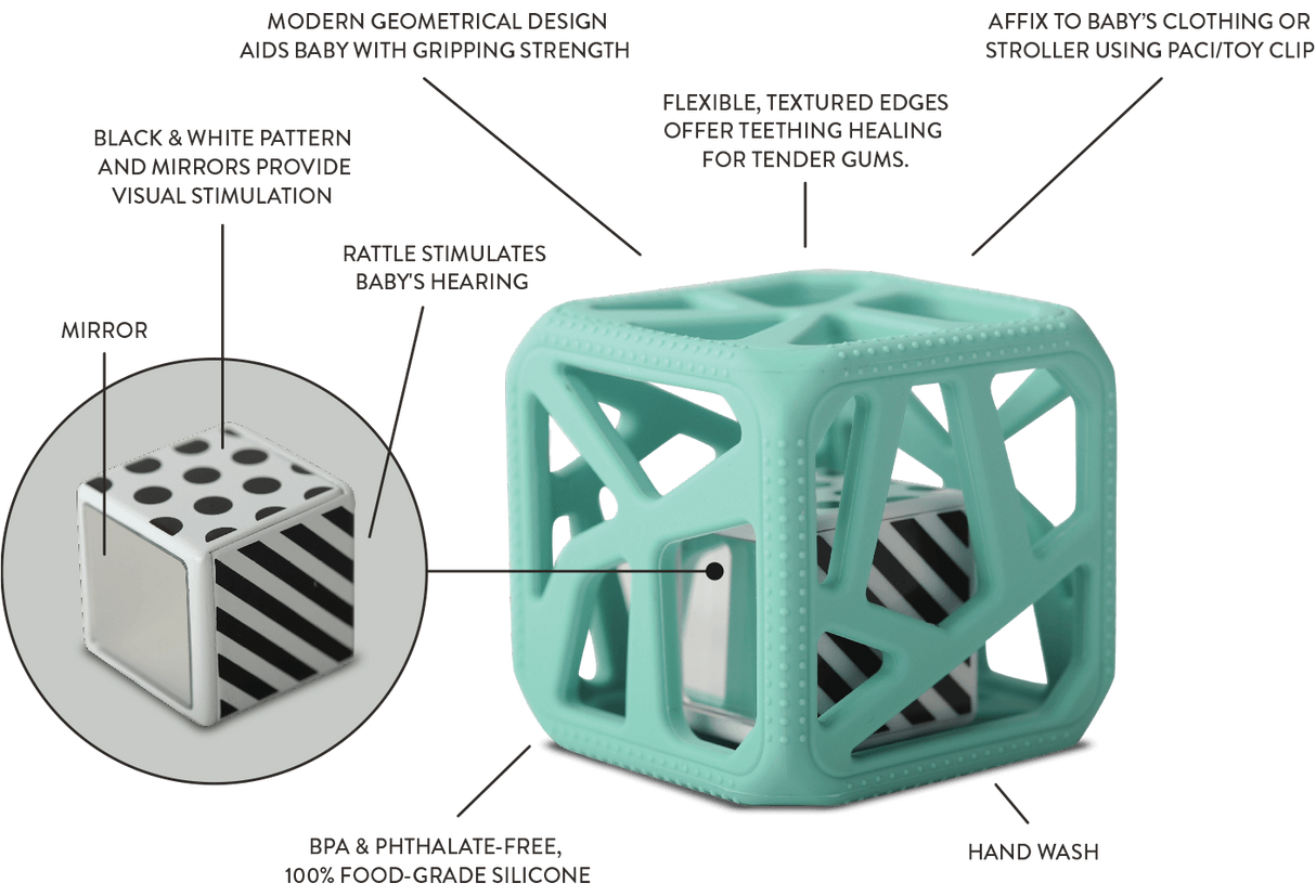 Chew Cube | Grey with textured teething edges, flexible holes, and black and white patterned sensory rattle with mirrors.