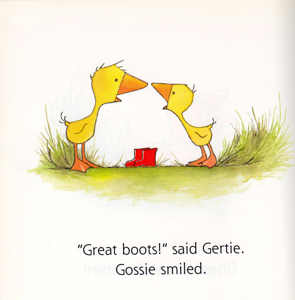 Two yellow goslings facing each other with red boots between them in the Gossie board book illustration.