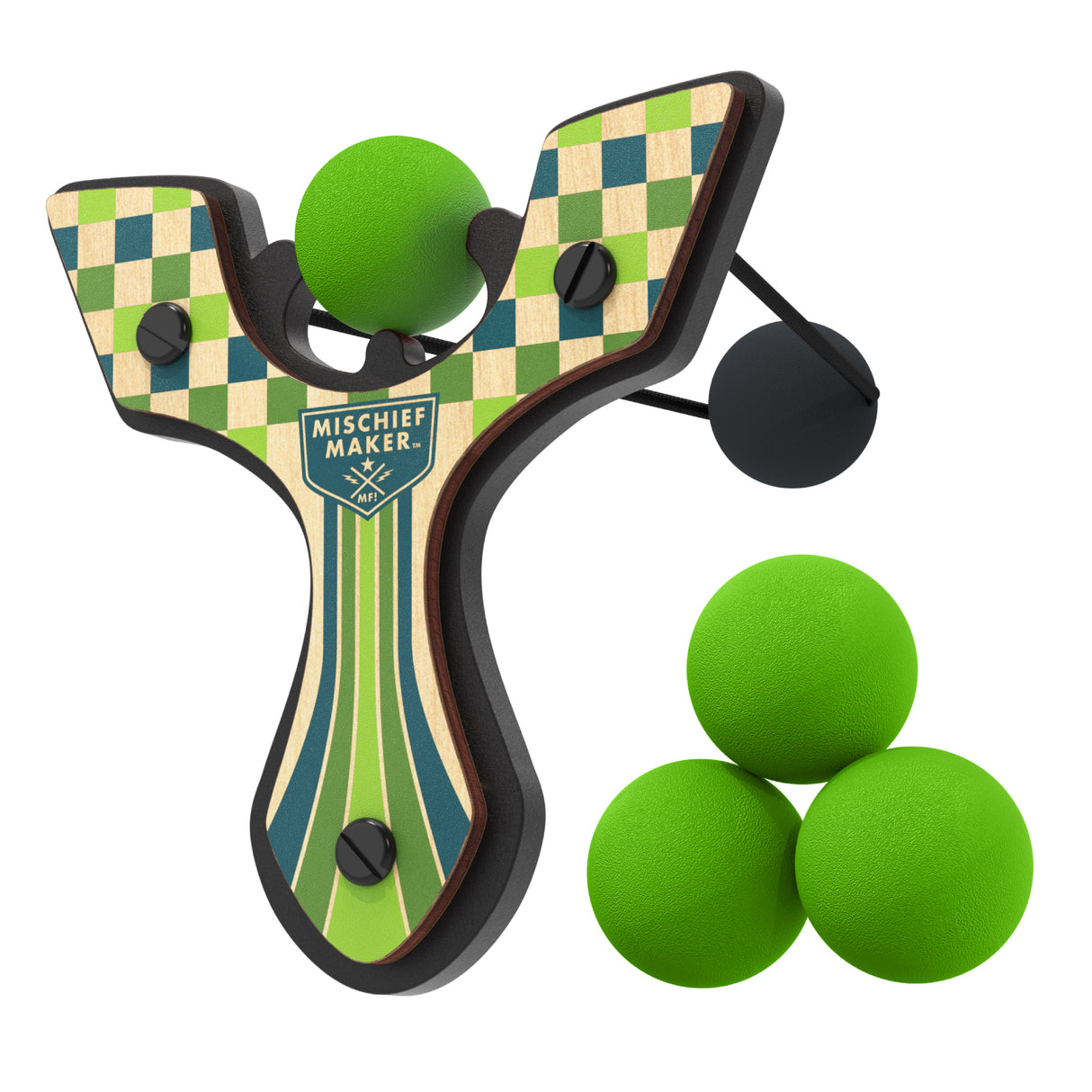 Slingshot Green Checkered wooden toy with green foam balls designed for safe, classic kid's play and easy shooting.