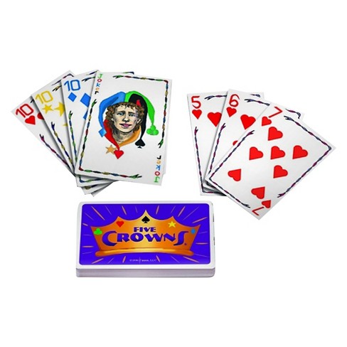 Five Crowns card game showing colorful cards and deck box for the five-suited rummy-style game.
