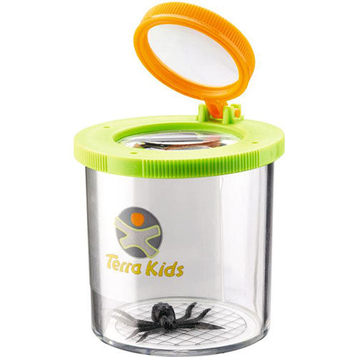 Terra Kids | Beaker Bug Magnifier with green lid and orange magnifying glass showing a plastic spider inside for kids exploration.