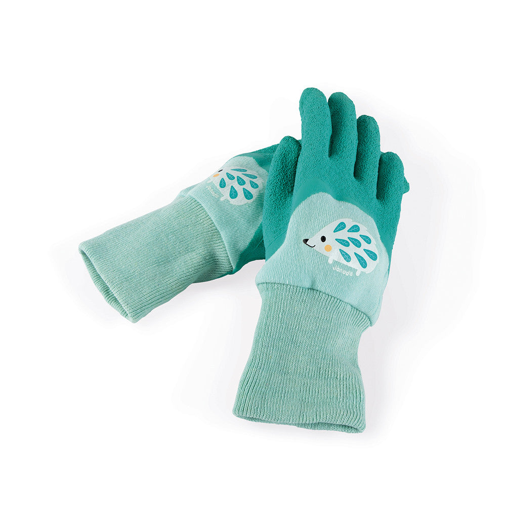 Happy Garden Gloves for kids aged 3-8 with textured latex grip and hedgehog design, perfect for gardening.
