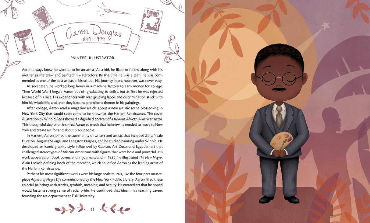 Little Legends Exceptional Men in Black History book open to Aaron Douglas biography with illustrated portrait on right page.