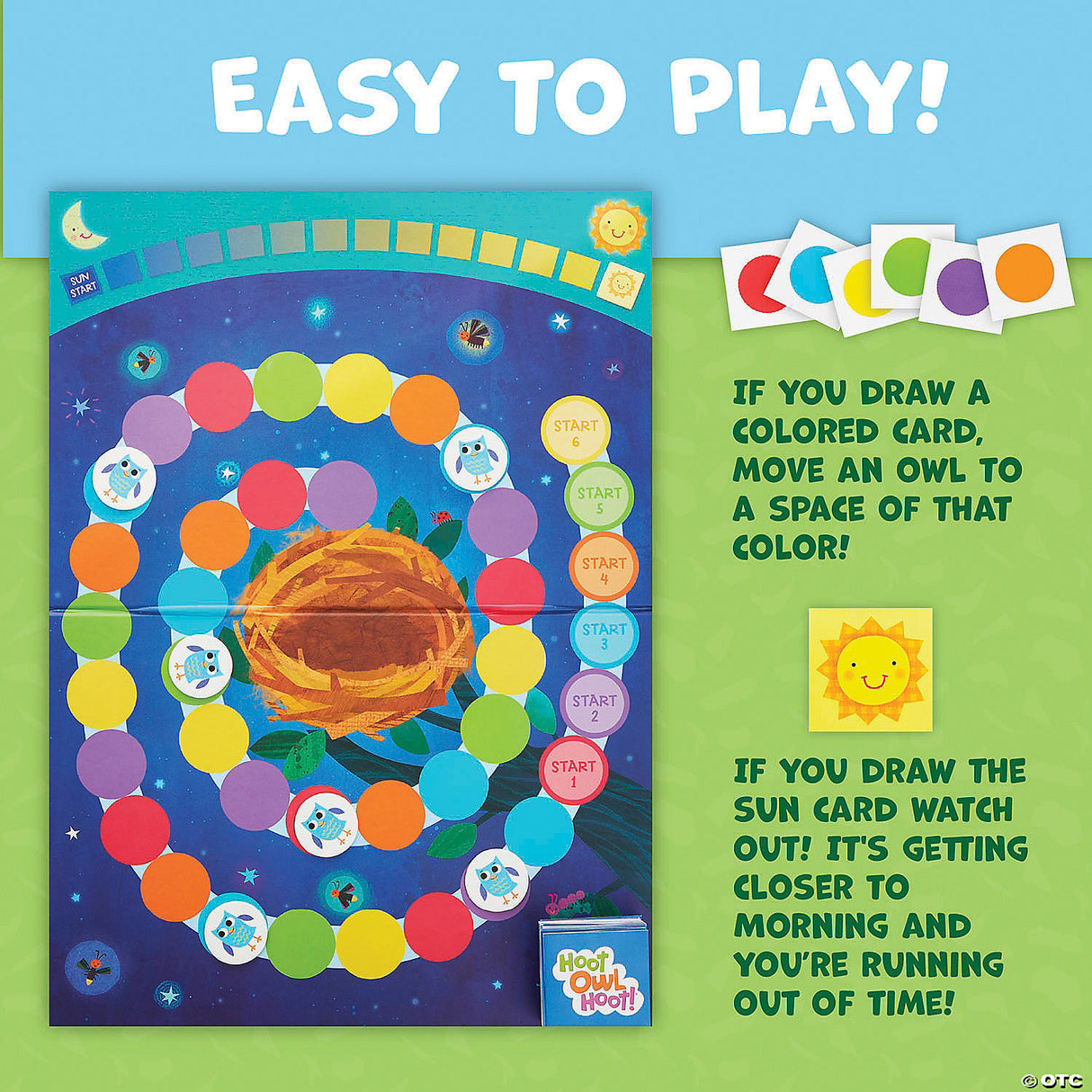 Hoot Owl Hoot! game board with colorful spaces, owl tokens, and instructions showing easy gameplay steps.