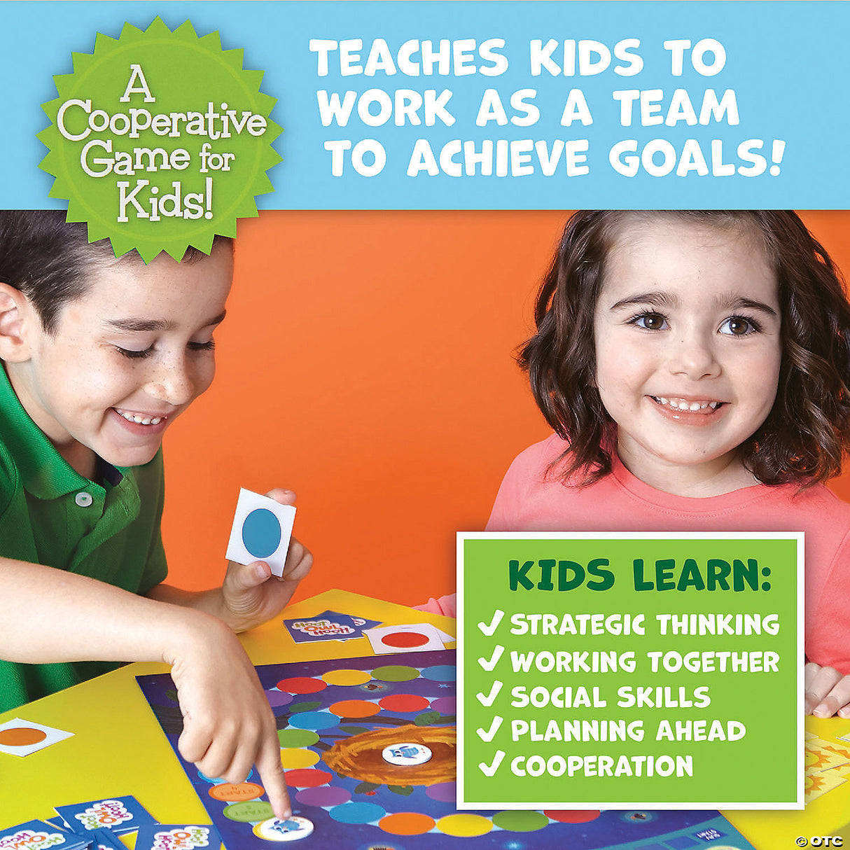 Hoot Owl Hoot! shows kids playing a colorful cooperative board game that teaches teamwork and social skills.