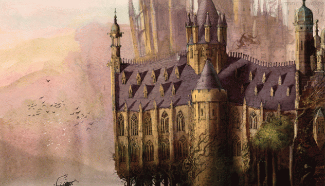 Illustration of Hogwarts castle at sunset from Harry Potter and the Sorcerer's Stone Illustrated Edition hardcover book.