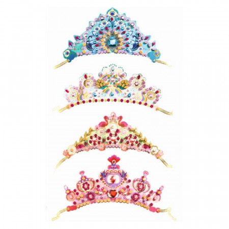 Four decorated princess tiaras with colorful mosaic pieces and precious stone stickers in DIY Mosaic Tiaras set.
