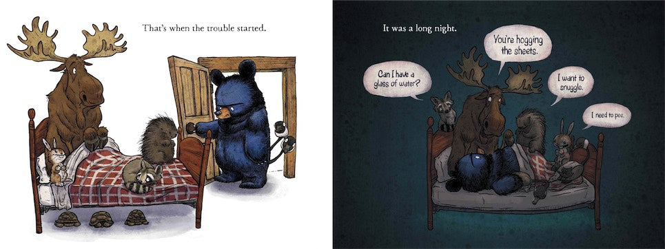 Hotel Bruce book illustration showing Bruce the bear grumpily confronting animals in his den at night.