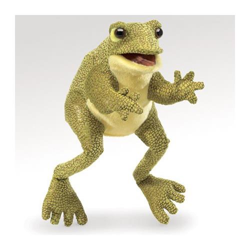 Funny Frog Puppet with expressive eyes, wide smile, and textured chartreuse fabric, featuring movable mouth and front legs.