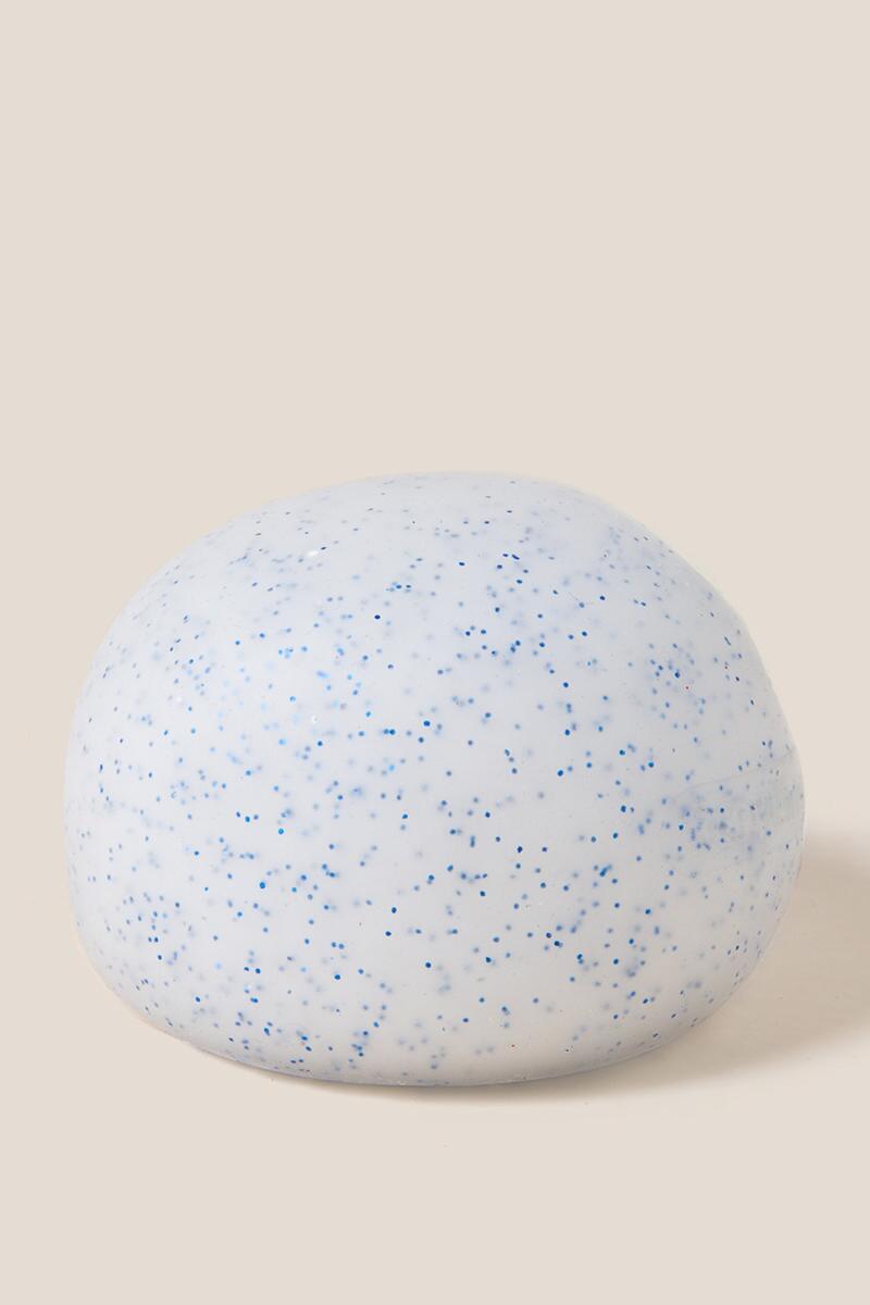 NeeDoh Snow Ball stress ball with blue speckles, feels like crunching through fresh snow, perfect for ages 3+.