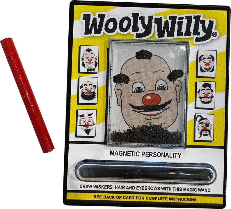 World's Smallest Wooly Willy toy with magnetic wand, drawing board, and playful character for creative fun.