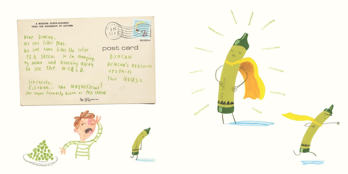 Illustration from The Day the Crayons Came Home showing a postcard and animated crayons with character expressions.