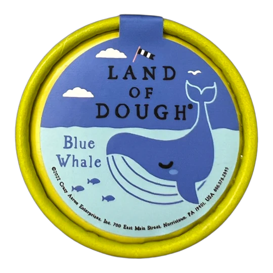 Land of Dough Mini Blue Whale play dough container with blue whale illustration and eco-friendly packaging.