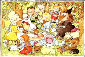 Each Peach Pear Plum book illustration showing fairy tale characters in a woodland setting for ages 1-4.