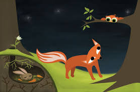 Little Owl's Night board book illustration with owl, fox, rabbit, and dark forest setting at night.