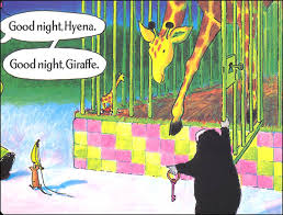 Good Night Gorilla illustration with giraffe, hyena, and mischievous gorilla holding a key at the zoo at bedtime.