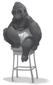 Illustration of a young gorilla sitting on a stool wearing a diaper from The One and Only Ivan book cover.