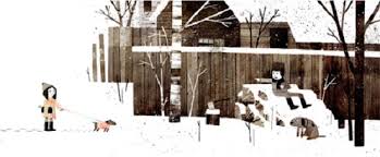 Extra Yarn book illustration with a girl walking a dog in a snowy village scene from the Caldecott Honor story.