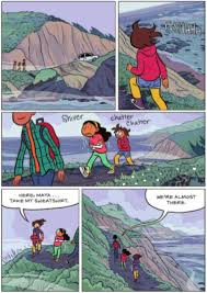 Ghosts book illustration showing two girls hiking along cliffs overlooking the ocean with scenic views and a distant pier.