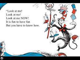 Illustration from The Cat in the Hat showing the mischievous cat balancing while encouraging fun and play indoors.