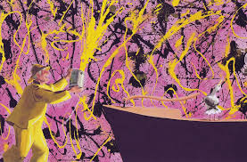 Burt Dow, Deep Water Man shows a man in yellow reaching toward a seagull on a boat with vibrant abstract background.