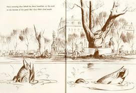 Make Way For Ducklings illustration showing ducks diving underwater in Boston Public Gardens pond