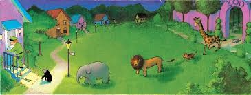 Illustration from Good Night Gorilla showing zoo animals like elephant, lion, giraffe, and a mischievous gorilla at bedtime.